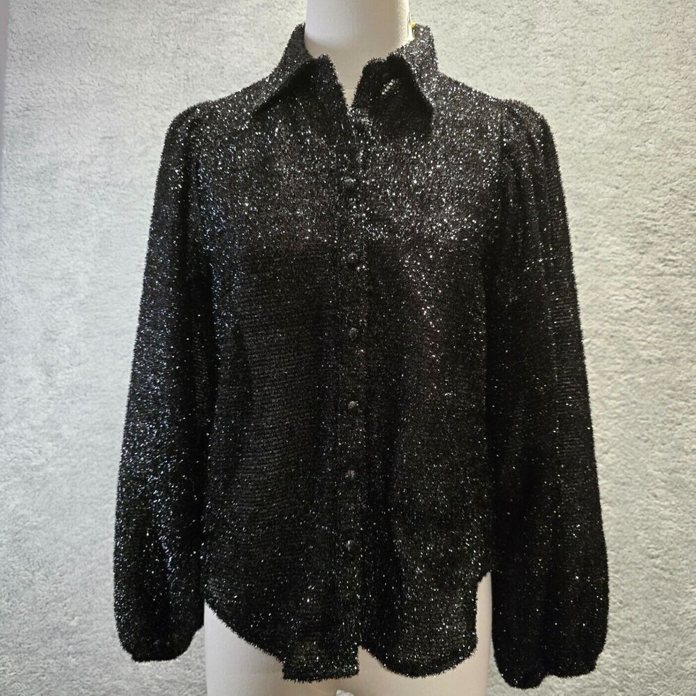 Womens Fairy Grunge Top S Black Sheer Metallic Sparkly Puff Sleeve Textured - Picture 3 of 11